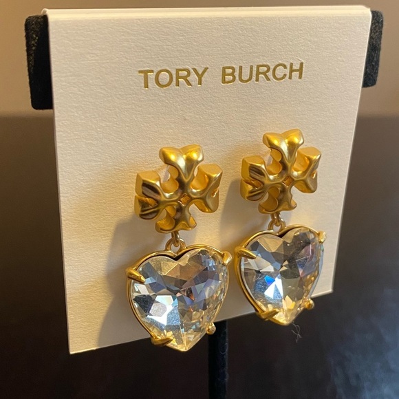 Tory Burch Kira Crystal faceted heart drops hanging from TB logo studs - Picture 3 of 10